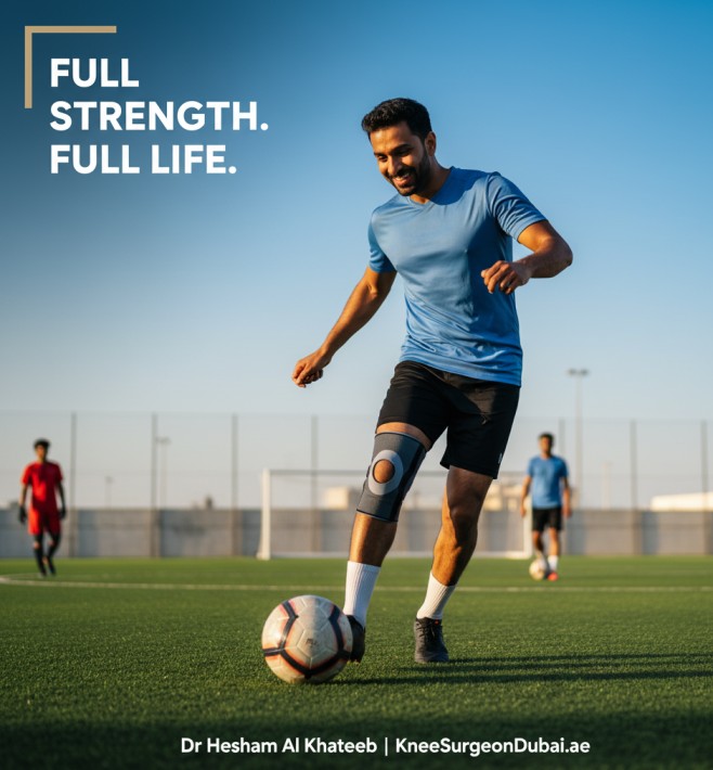 Athlete with a knee brace confidently playing football, representing a successful recovery and return to an active life after torn meniscus treatment.