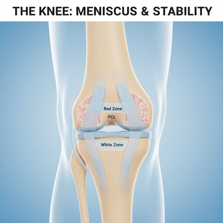 Anatomical diagram of the knee joint, highlighting the meniscus with its 'red zone' and 'white zone,' which are key to determining treatment for a meniscus tear.