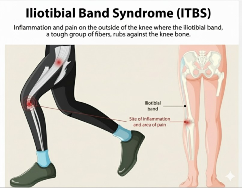 Iliotibial Band Syndrome (ITBS) diagram showing inflammation and pain on the outside of the knee where the IT band rubs against the bone.