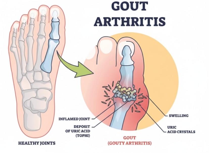 Close-up of a swollen, red, and intensely painful big toe joint, characteristic of an acute gout arthritis flare.