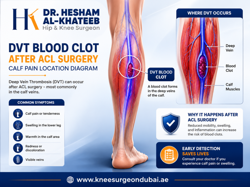 DVT blood clot after ACL surgery calf pain location diagram