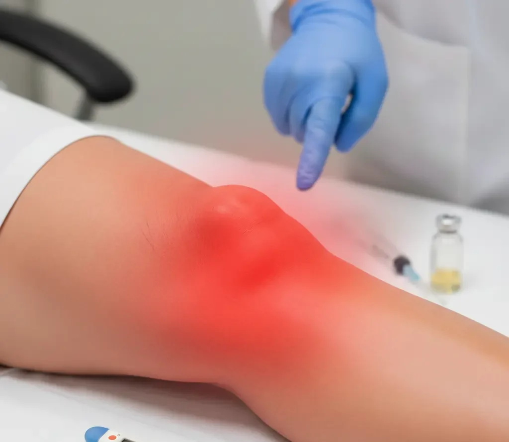 رسم توضيحي لمفصل ركبة بشرية، يظهر الركبة متورمة مع وجود وهج أحمر يحيط بمنطقة المفصل ليرمز إلى التهاب الركبة الإنتاني.