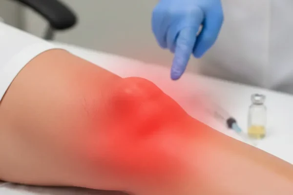 رسم توضيحي لمفصل ركبة بشرية، يظهر الركبة متورمة مع وجود وهج أحمر يحيط بمنطقة المفصل ليرمز إلى التهاب الركبة الإنتاني.