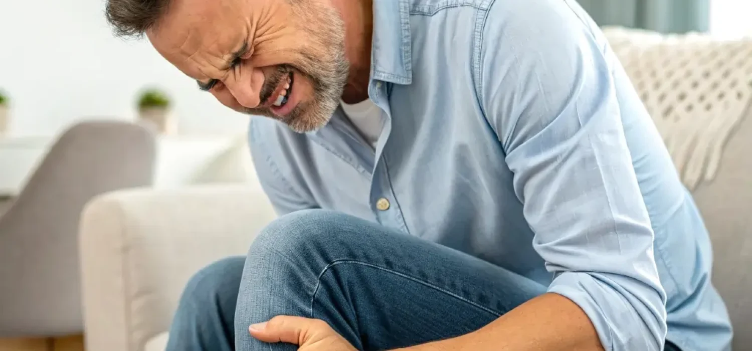 رجل في منتصف العمر يجلس على الأريكة ويمسك ركبته بوجه متألم نتيجة ألم شديد، مما يشير إلى معاناة من التهاب المفاصل أو خشونة الركبة.